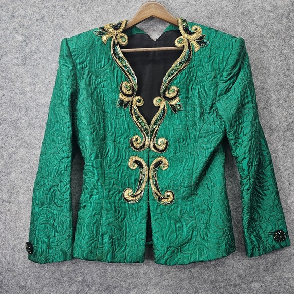 Vintage Victorian Goth Blazer Xxs Emerald Silk Bead Stud Jacket Odicini 34 Italy